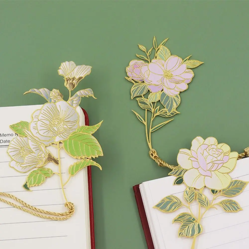 

Flower Book Clip Metal Flower Bookmarks Book Page Marker Chinese Style Hollowed Tassel Bookmark Camellia Rose Book Lovers