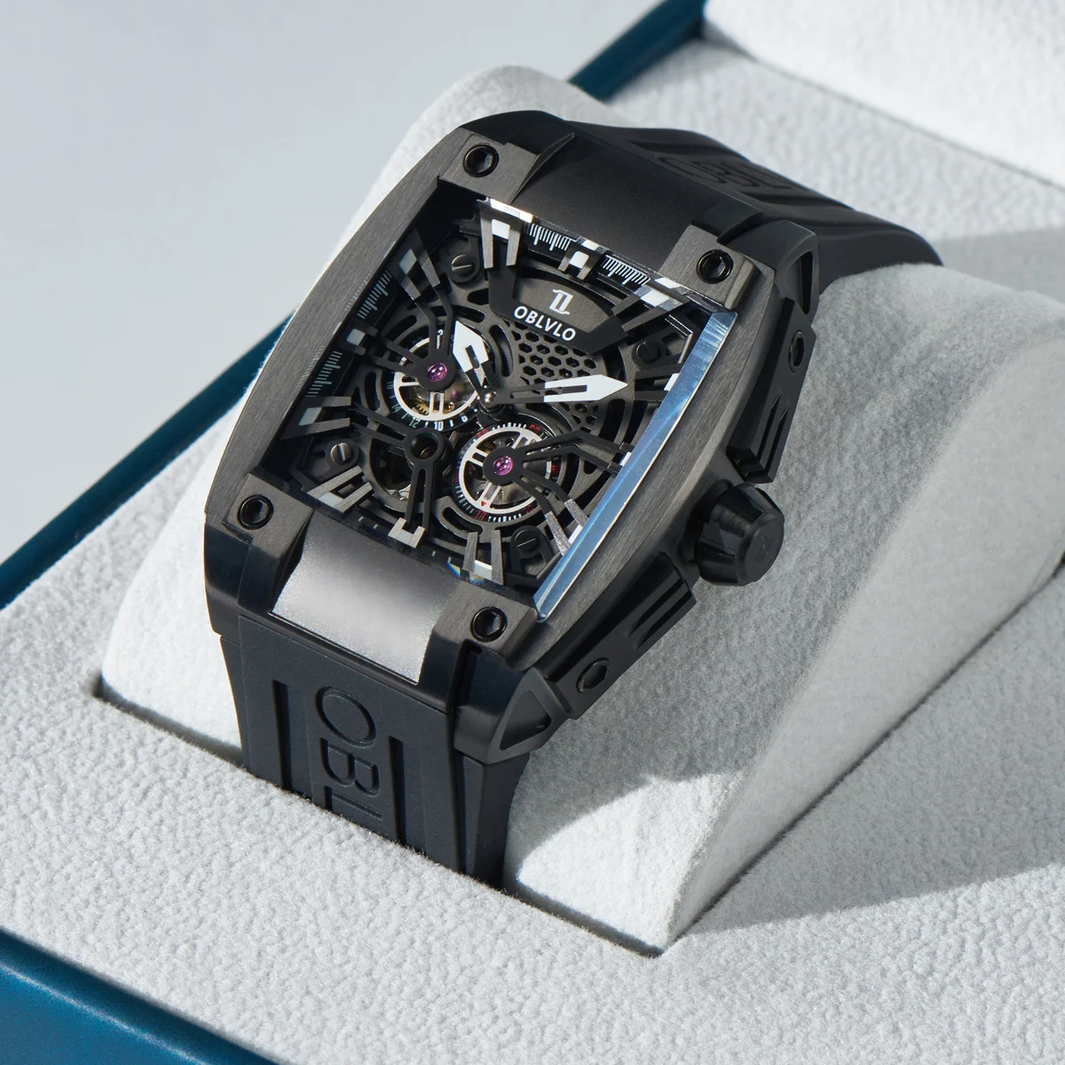 Роскошные Мужские автоматические механические часы OBLVLO светящиеся скелетоны из