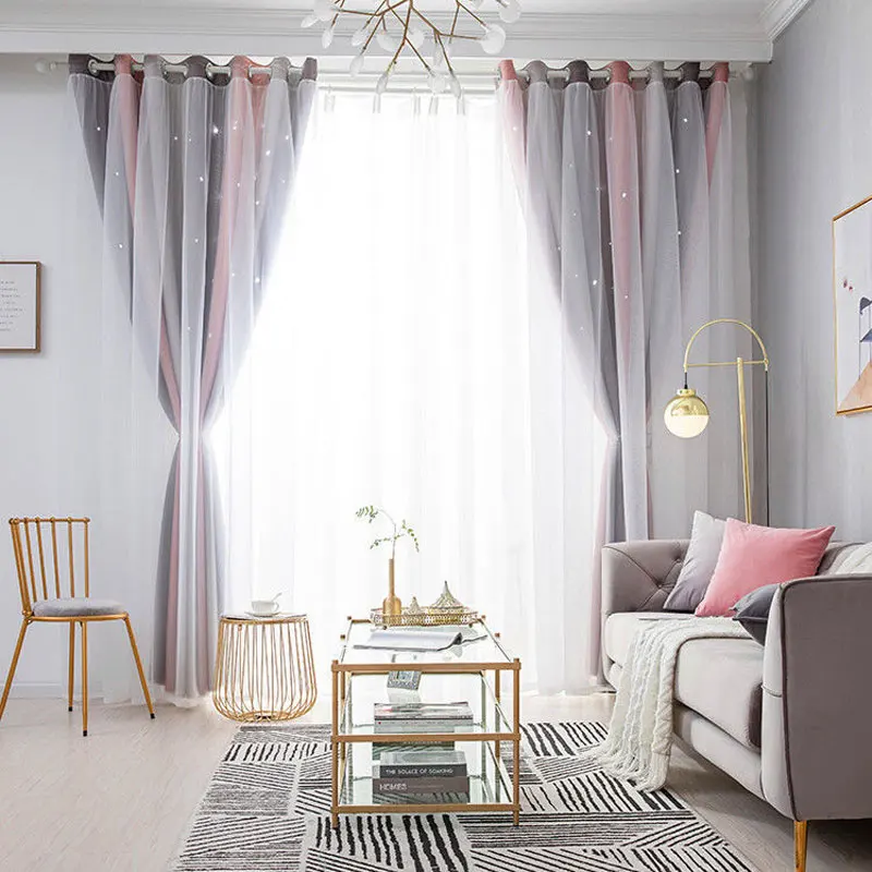 

Luxury Curtains For Living Room Simple Decor Window Balcony Bedroom Blackout Drapes Hollow Star Cloth Tulle Double Layer Curtain