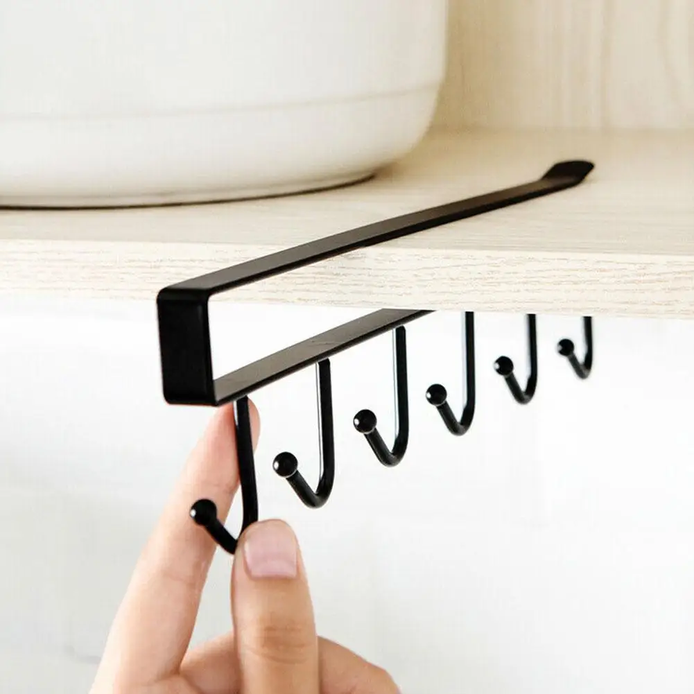 

6 Hooks Closet Organizer Cup Hook Under Cabinet Coffee Nail Holder Hanger Hanging Kitchen Storage Rack Free Mug Q9x7