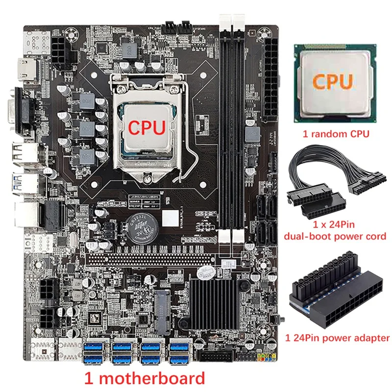 B75 8 Card Mining Motherboard+CPU+24Pin Power Cord+24Pin Power Adapter 8 USB3.0 GPU Slot LGA1155 DDR3 SATA3 For BTC/ETH