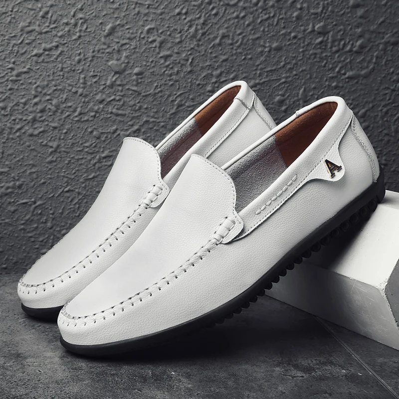 

Valstone White Leather Casual Shoes Men Autumn Slip-on Loafers Soft Italian Leather Flats Super Light Moccasins Plus Size 37-47
