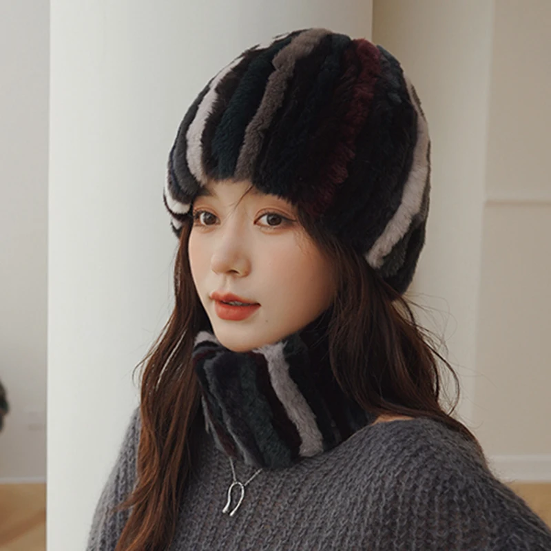 

Winter Rex Rabbit Fur Hats Women Warm Thick Lined Knitted Caps Female Beanie with Stretch Fur Scarf Ring Cowl Snood Scarves