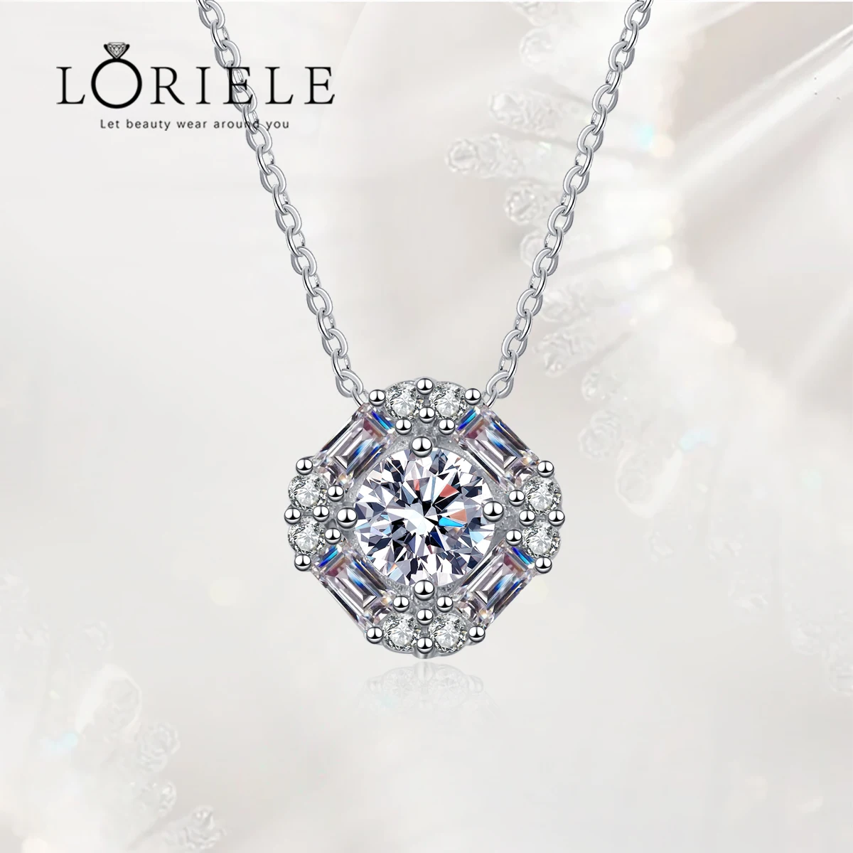 

LORIELE Moissanite Square Pendant Necklace Center Round Cut Diamond Emerald Cut Halo Design Necklace 14K Plated Silver Jewelry