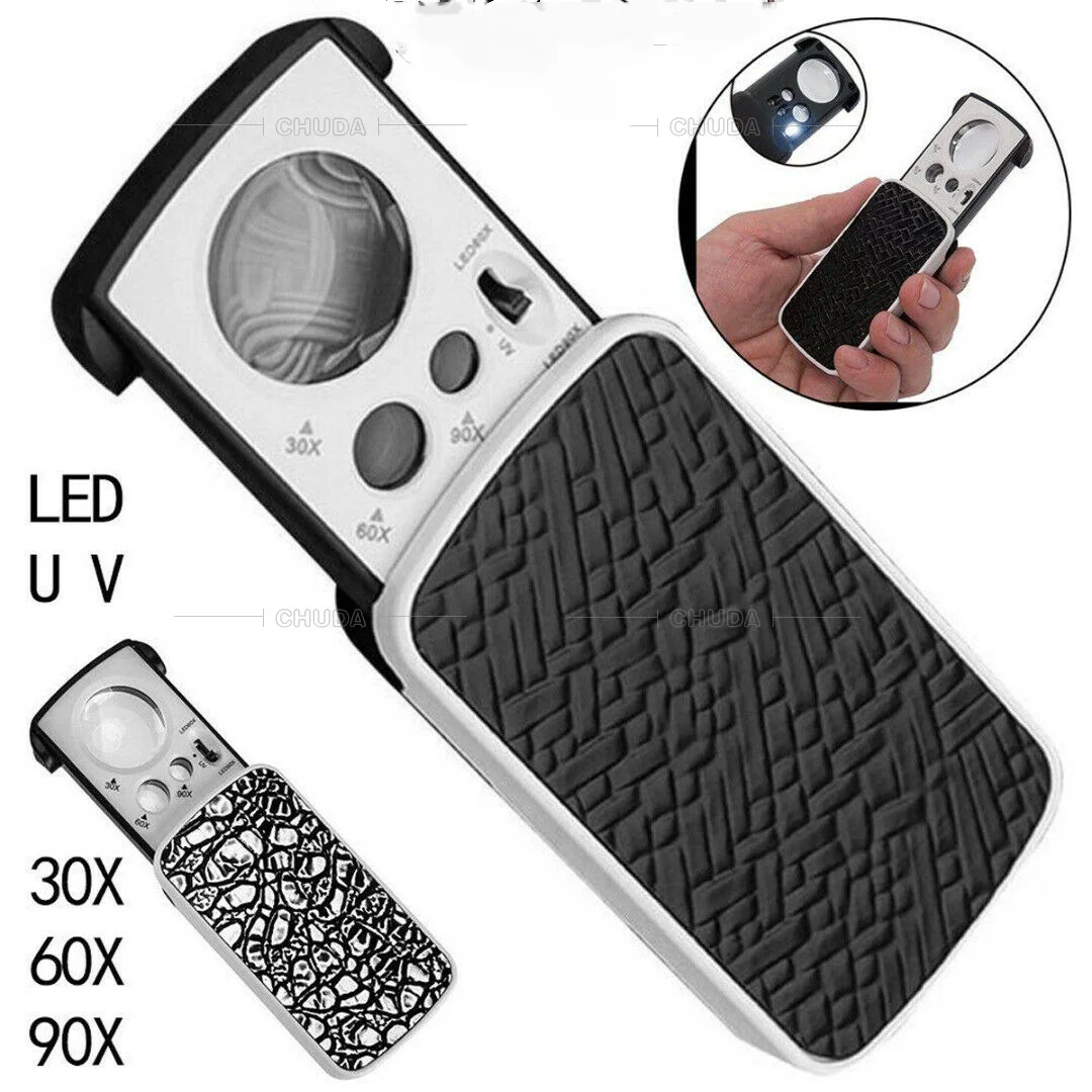 

Увеличительное стекло 30X 60X 90X ювелирное украшение в виде лупы Лупа для чтения с высоким увеличением оптическая линза со светодиодным УФ-све...