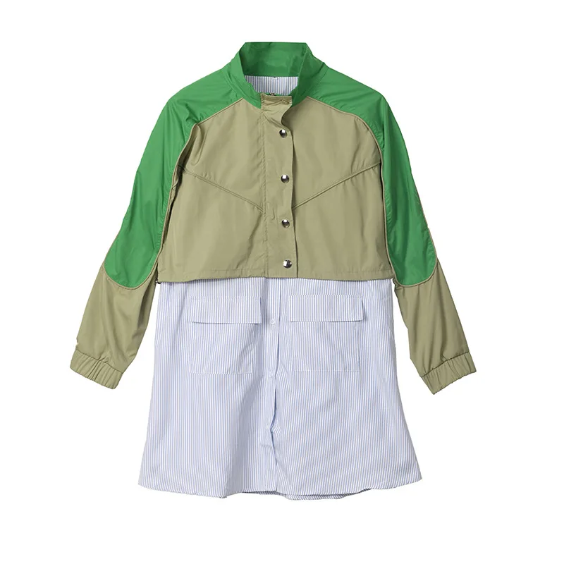 

SuperAen European and American Korean Design Spring New Long Top Paneled Striped Shirt Fake Two Trench Coat Jacket Women
