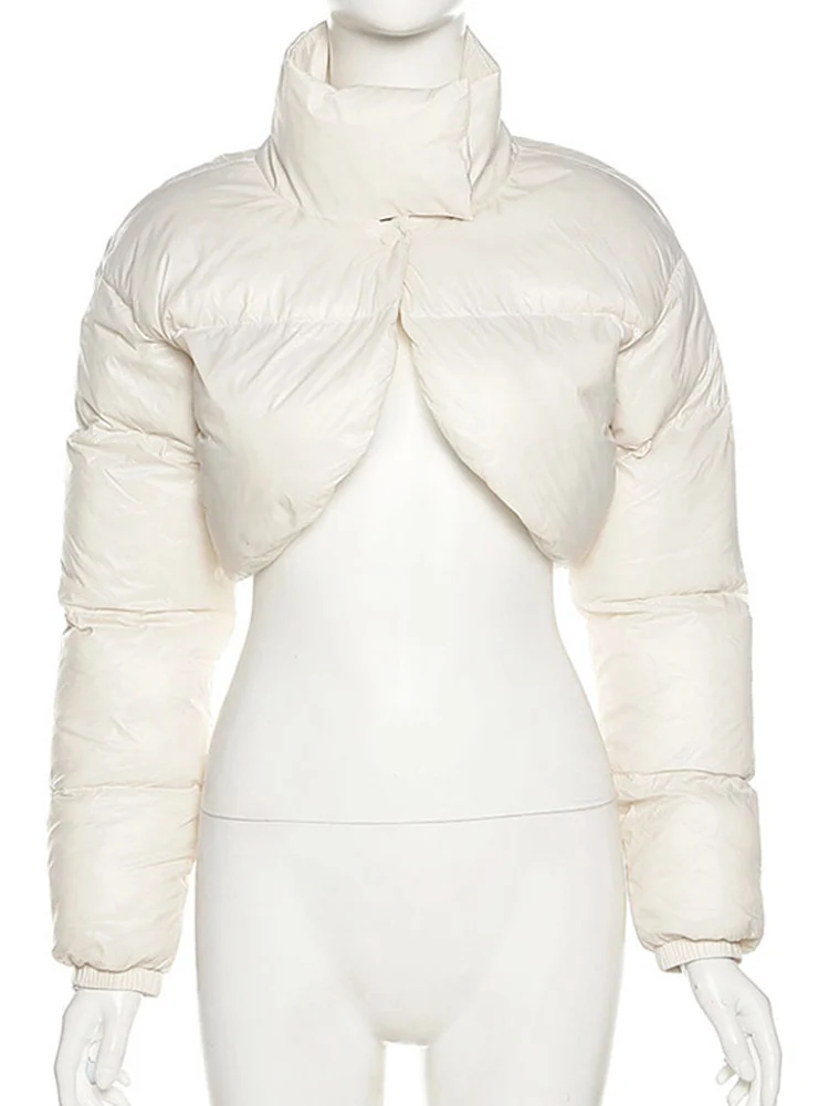 Women's Cropped Quilted Parka Padded Jacket Cotton Stand Collar Mini Solid Long Sleeve Short Coat Female Chic Streetwear A-line
