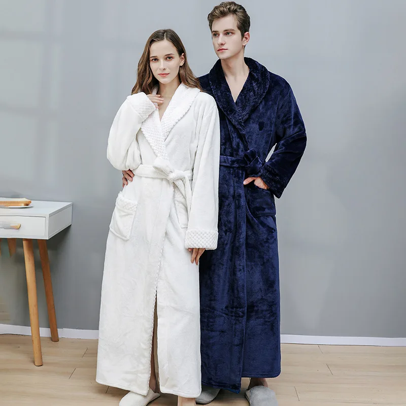 Robe For Women  Bathrobe Mens Winter Warm Flannel Sleepwear Long Sleeve Plush Shawl Male Bath-Robe Lounge Nightgown Home Clothes