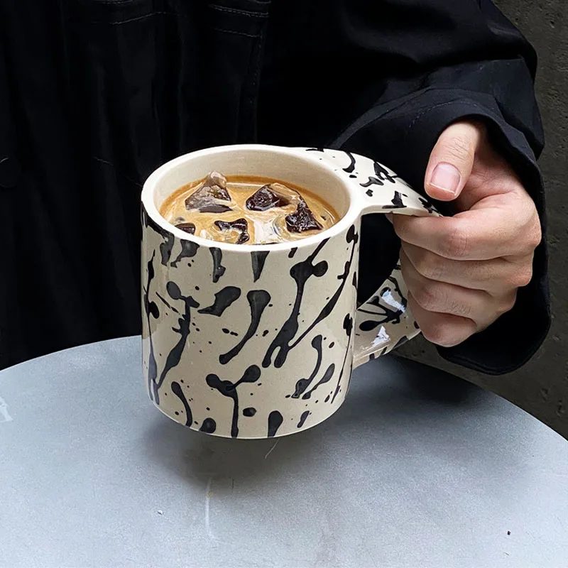 TingKe korean style retro big handle ceramic mug Nordic simple modern household ink dot wide coffee cup water