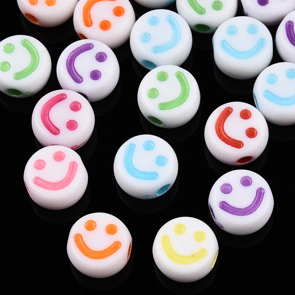 

500g Opaque Craft Acrylic Beads Flat Round with Smiling Face Mixed Color 7x3.5mm Hole: 1.5mm about 3637pcs/500g