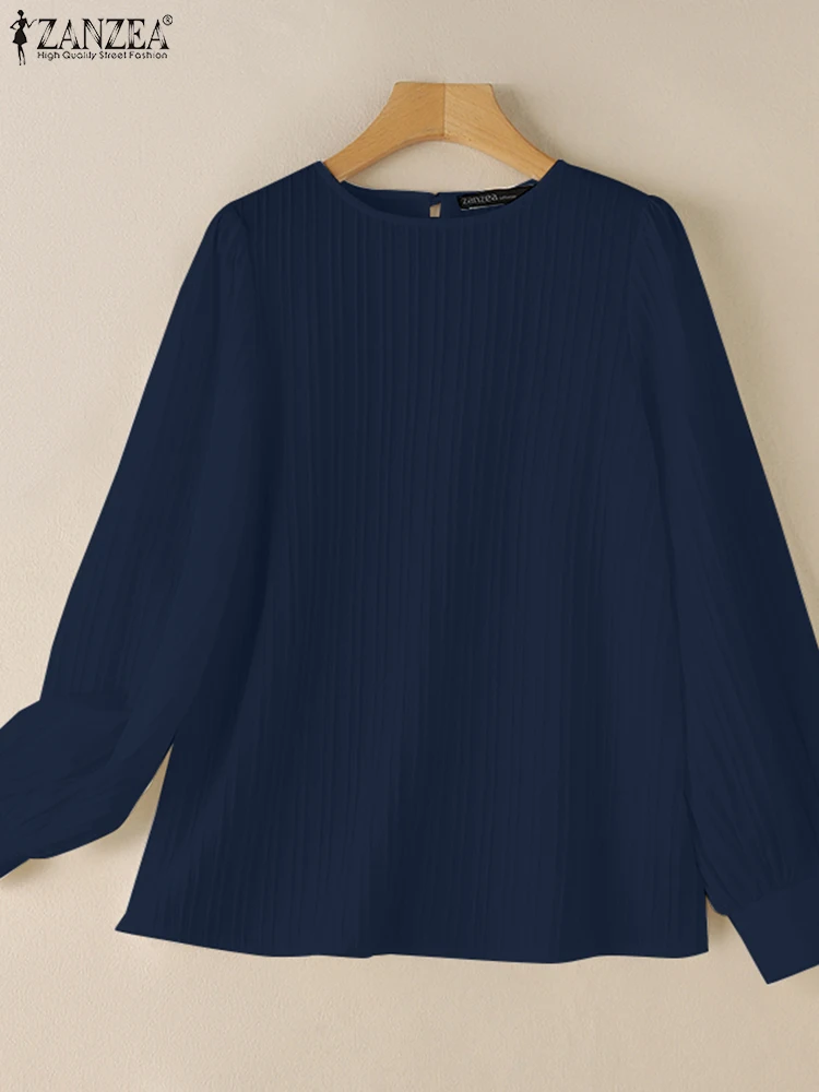 ZANZEA женская однотонная блузка винтажные топы с длинными рукавами-фонариками