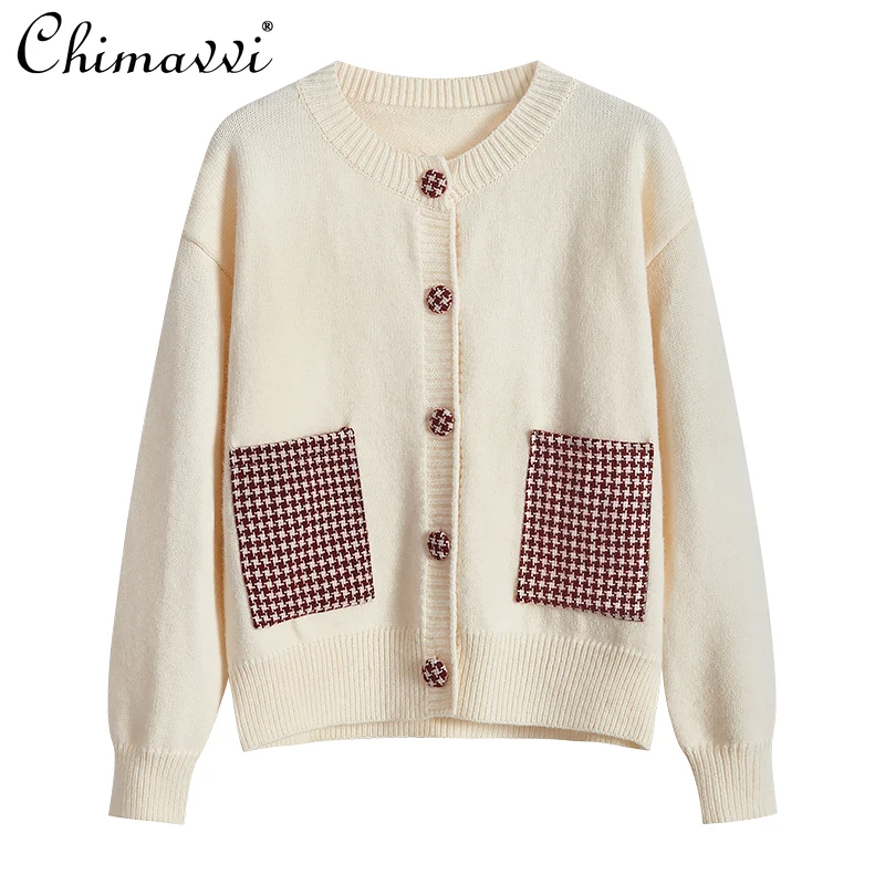 

Retro Cardigan for Women 2022 Spring New Fashion Round Neck Loose Slimming Houndstooth Stitching White Sweater All-Matching