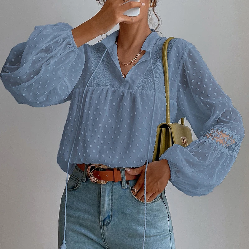 

Женский шифоновый пуловер в горошек, элегантный свободный однотонный топ с вышивкой и V-образным вырезом, с длинным рукавом, в технике пэчво...