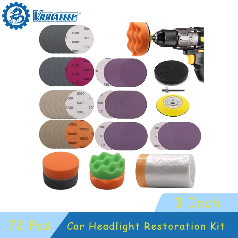 

Набор Для Восстановления Автомобильных Фар 3 Дюйма, 72 Предмета: Полировальные Подушечки, Губки, Салфетки Из Микрофибры