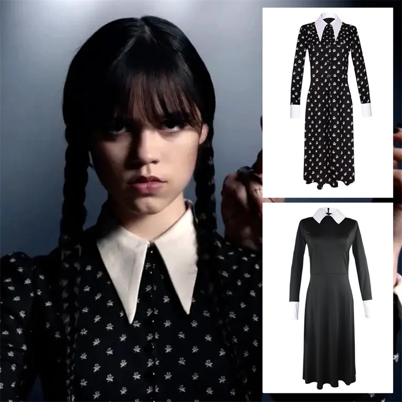 

2 Styles Wednesday Dress Anime Cosplay Women One Piece Dresses Halloween Kids Wednesday Costume Black Gothic Printing Clothes