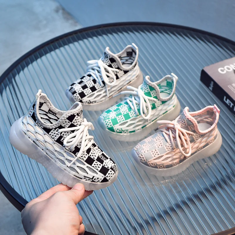 

Kid Plaid Sneakers Spring Autumn Coconut Shoes Lights Up Boy Girl Flying Woven Shoes Through Mesh Single Mesh Children's Shoes