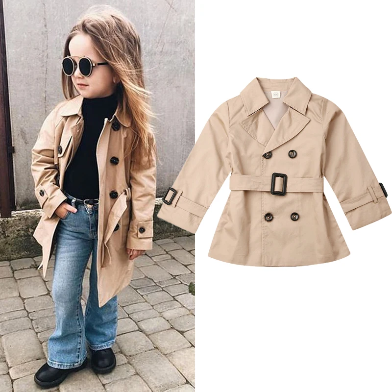 

Toddler Girls Trench For Kids Khaki With Autumn Long Outwear Lined Casual Belt Trench Sleeve Lapel 2-7years Jacket Coat Fashion