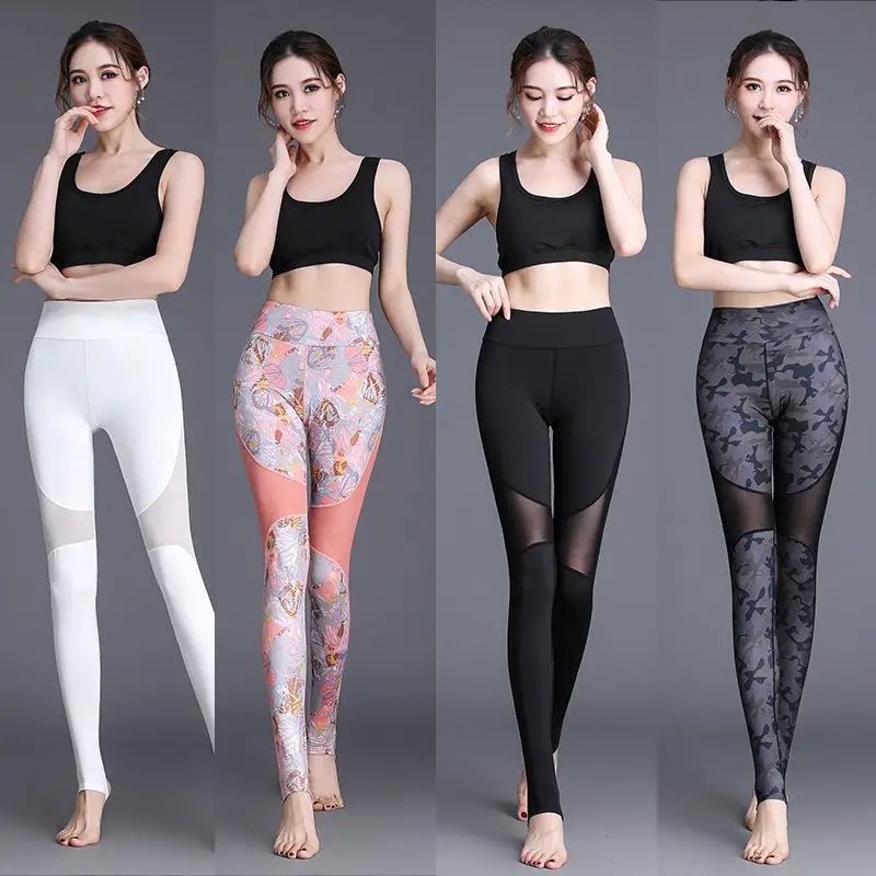 

Mesh gauze high elastic tight Yoga fitness pants women's high waist buttock lifting sports nine points pants speed dry foot legg