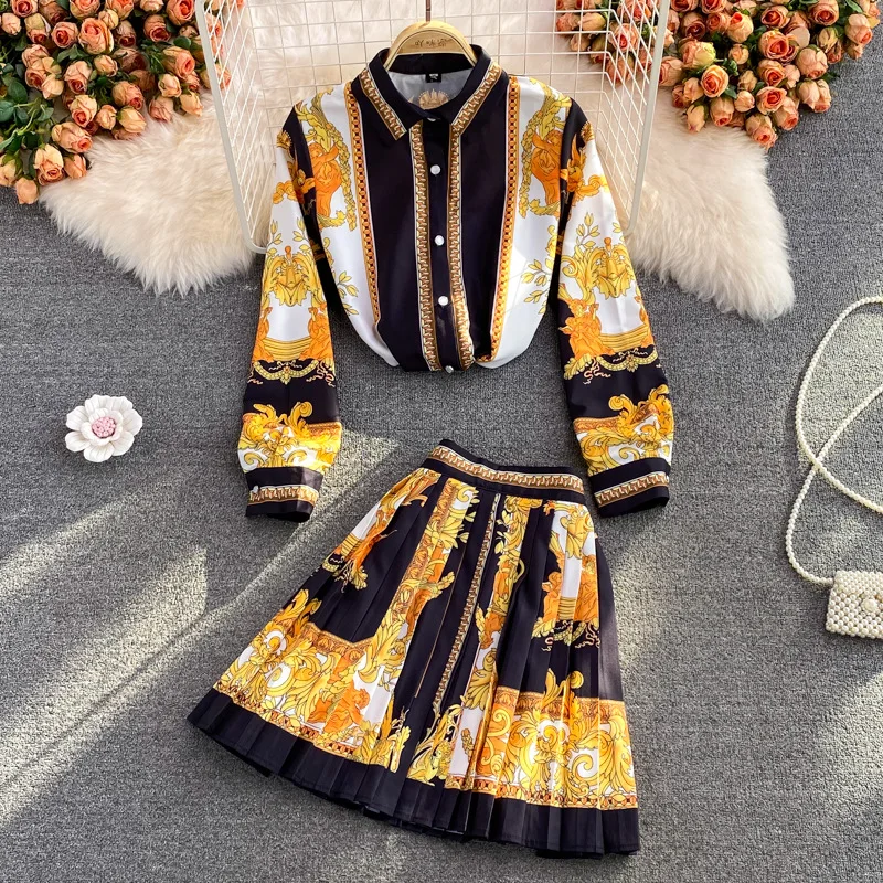 

Vintage Two Piece Set Baroque Print Button Down Shirt & Pleated Skirt Set Spliced Summer Blouse Matching Sets Dress Sets Skirts