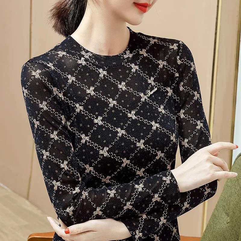 

Bottomed shirt round neck long sleeve women's 2022 autumn new printed blouse women's mesh temperament top,GF35E