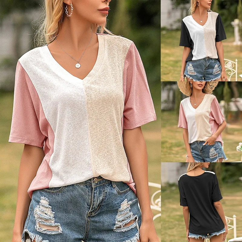 

Women's V-Neck Stitching Color Short Sleeve Loose T-Shirt Top