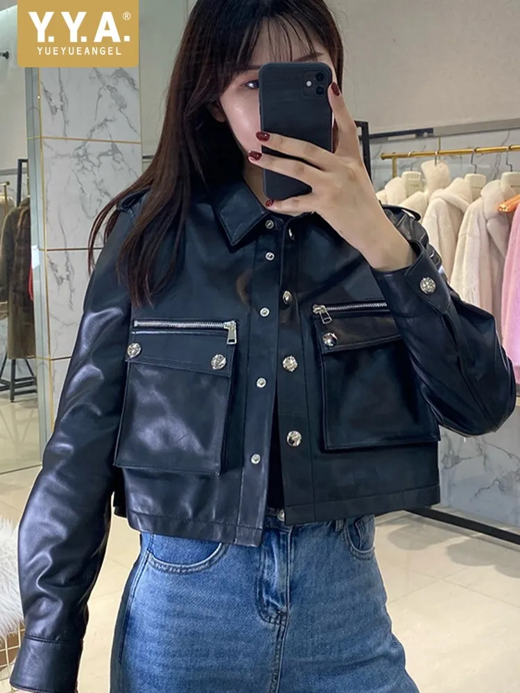 

Streetwear Genuine Leather Jackets Women Fashion Single Breasted Short Sheepskin Coat Luxury Black Biker Outerwear Female
