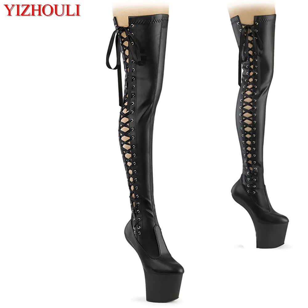 20cm pole dancing heels with side lace-up, heelless waterproof platform over-the-knee boots for female models walking the runway