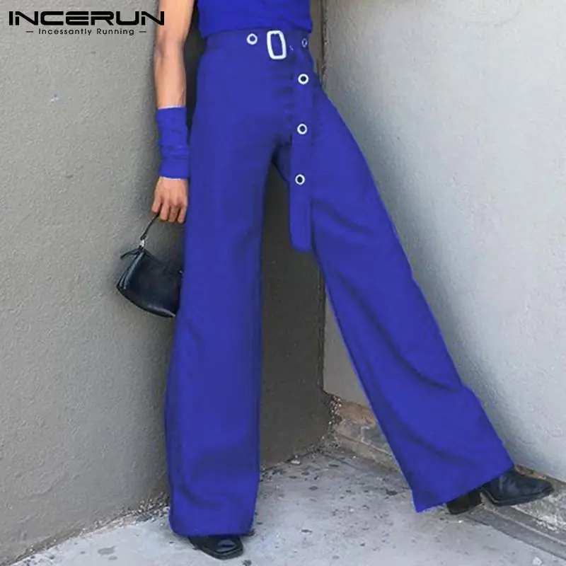 

INCERUN New Fashion Men Casual Pants High Waist Solid Color Streetwear Straight Trousers Men With Belt 2022 Loose Pantalon S-5XL