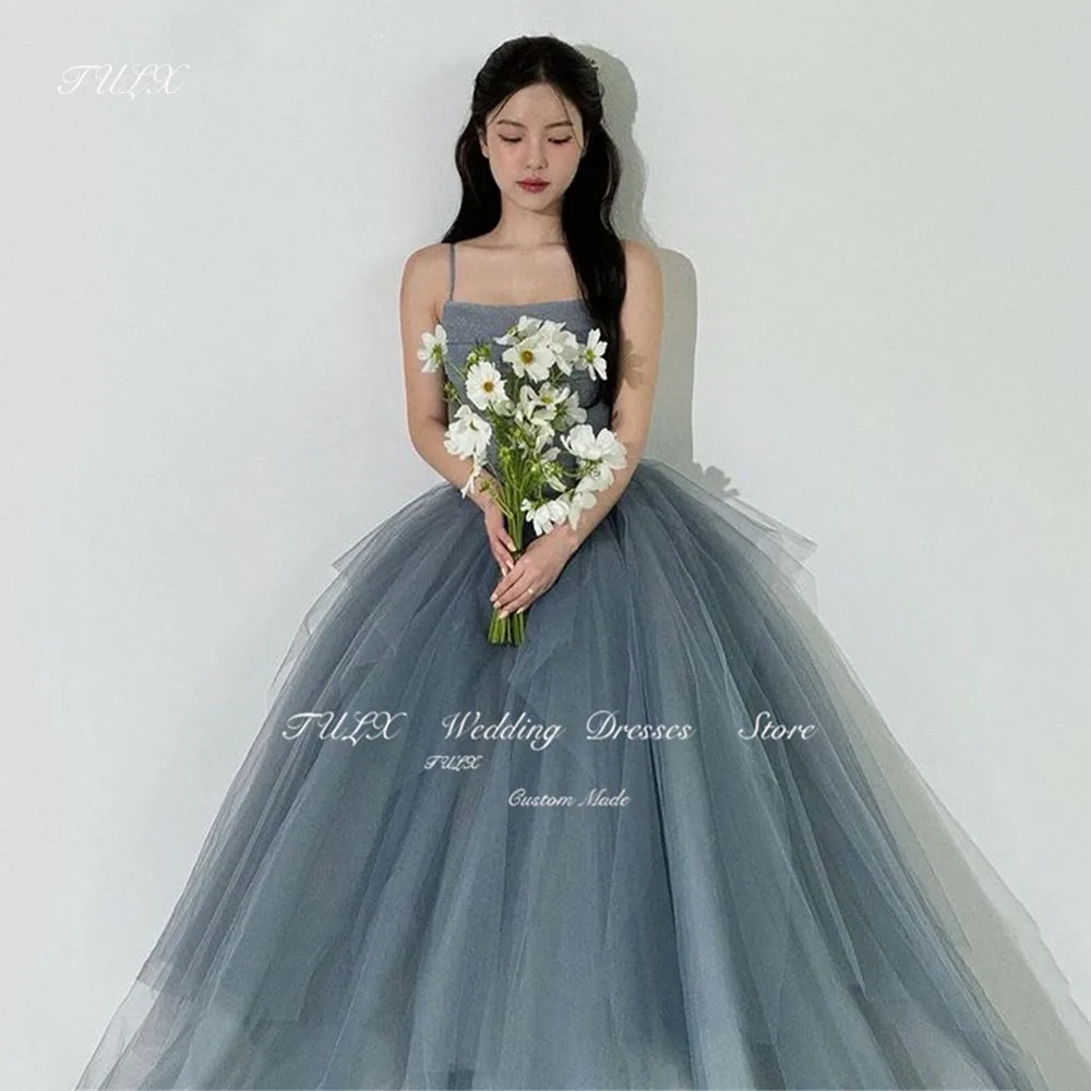 Платье Свадебное Тюлевое ТРАПЕЦИЕВИДНОЕ на тонких бретельках серого и синего