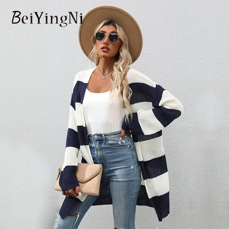 

Beiyingni 2022 Long Sleeve Women's Open Stitch Sweater Striped Spell Color Femme Cardigan Loose Casual Fashion Streetwear Top