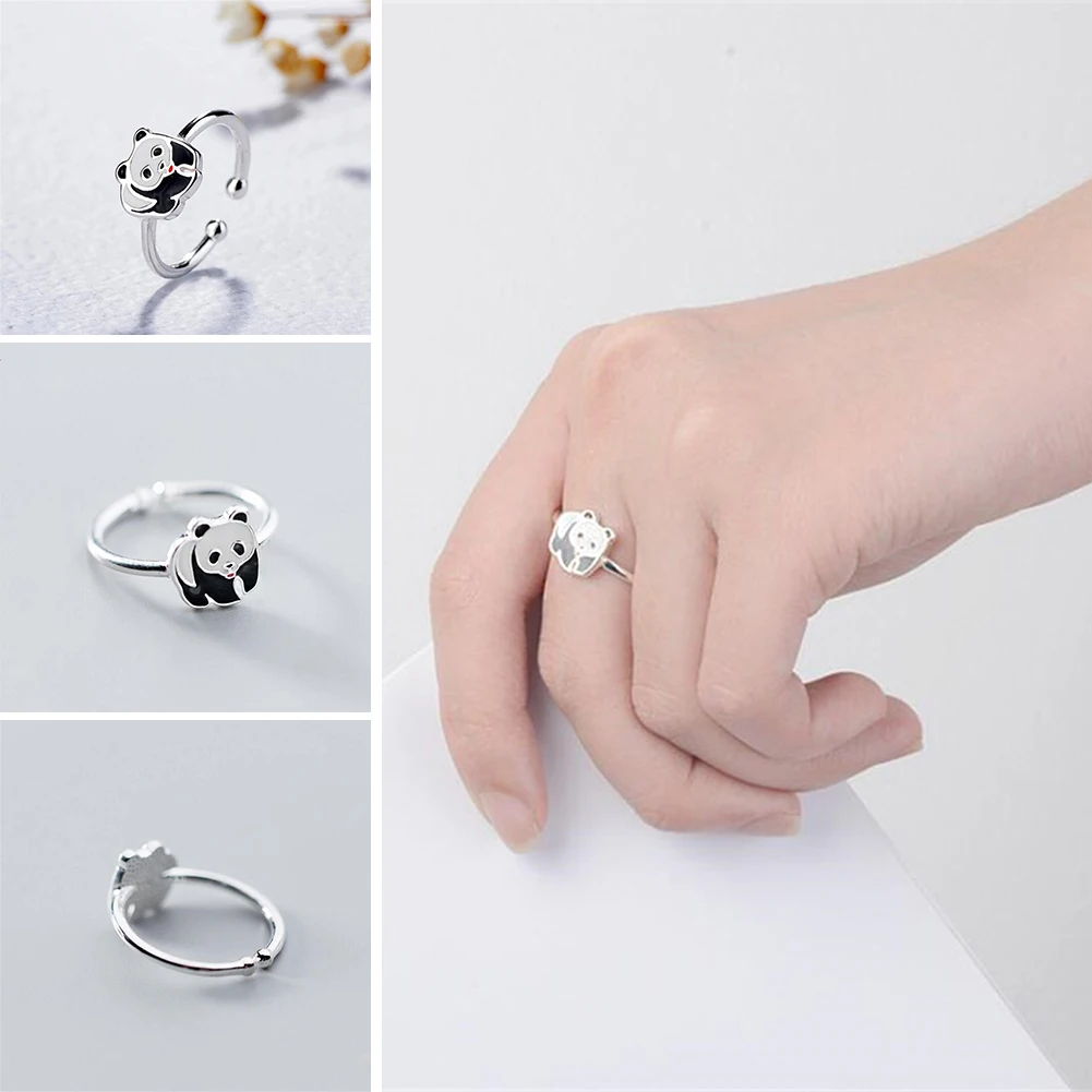 

1 Pcs Hot New Tibetan Silver Cute Panda Opening Adjustable Ring China National Treasure Sweet Fashion Small Animal 2022 New
