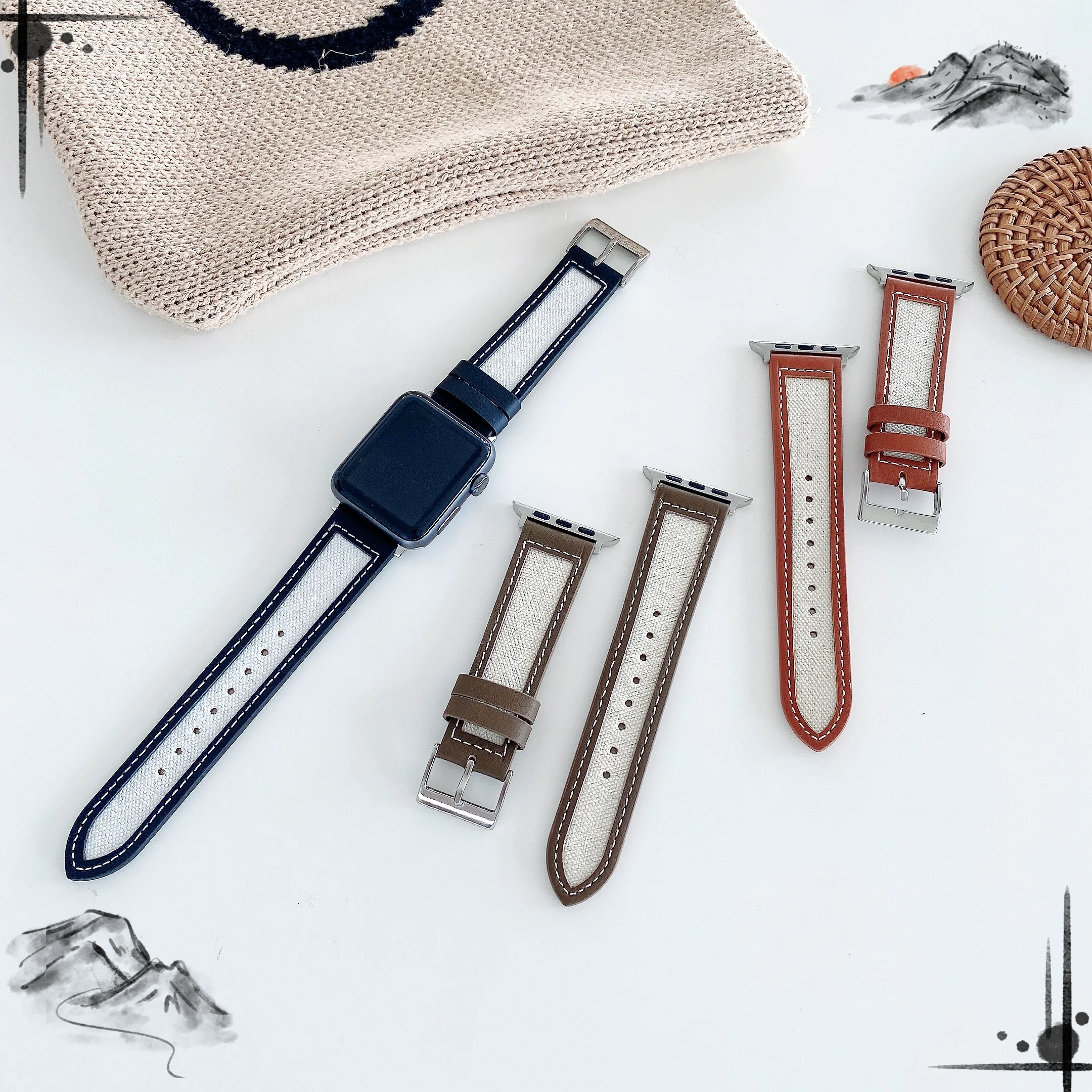 Leather + Nylon strap For Apple watch 7 45mm 41mm Breathable bracelet wristband for iWatch 6 5 SE 4 44mm 30mm series 3 42mm 38mm