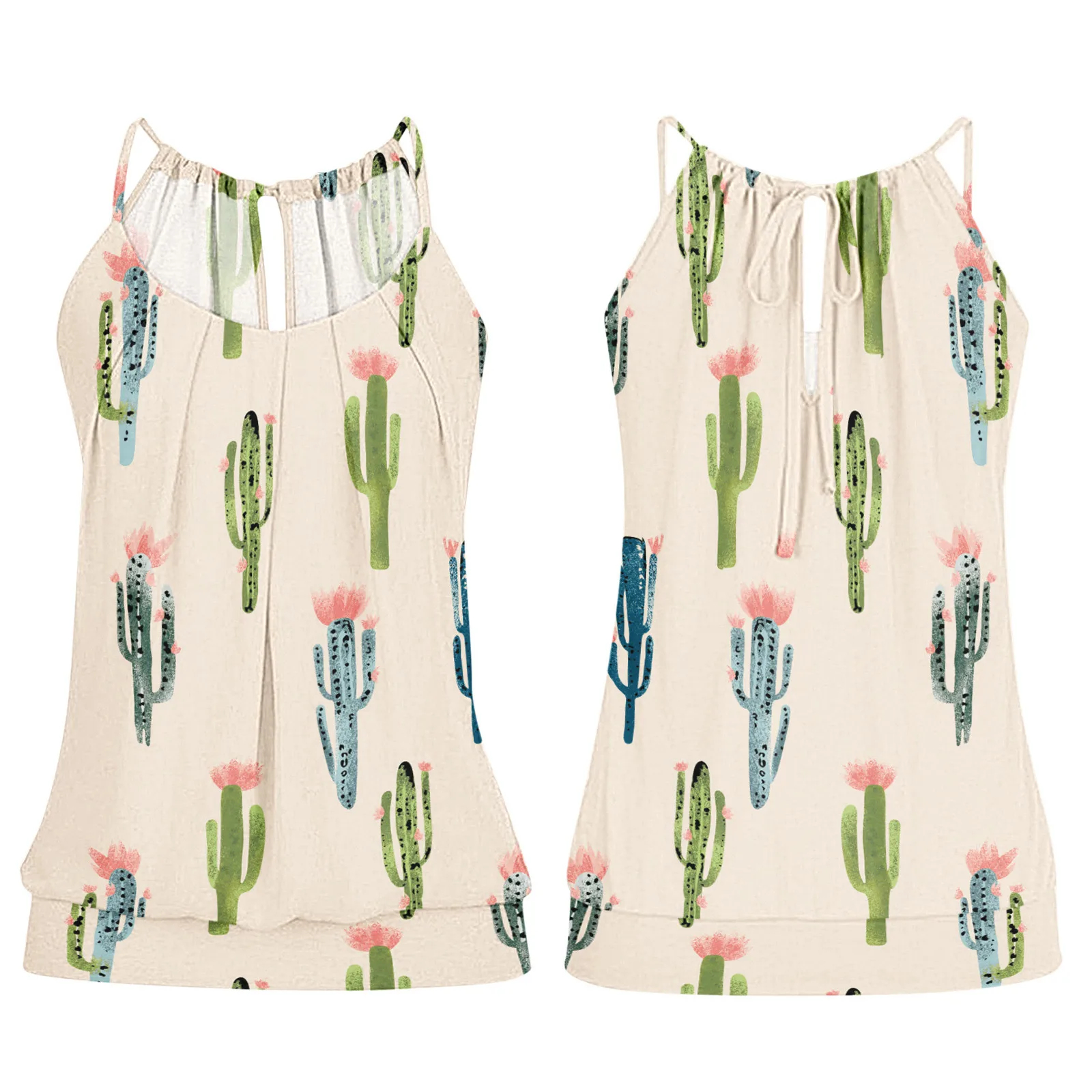 

Women Loose Cactus Print Strap Tank Top Summer Sleeveless Ruched Halter Neck Shirt Fashion Boho Tee Tops Boho Style Wrinkle Cami