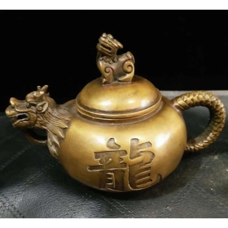 

Chinese Old Pure Copper Carved Dragon Kettle Wine Pot