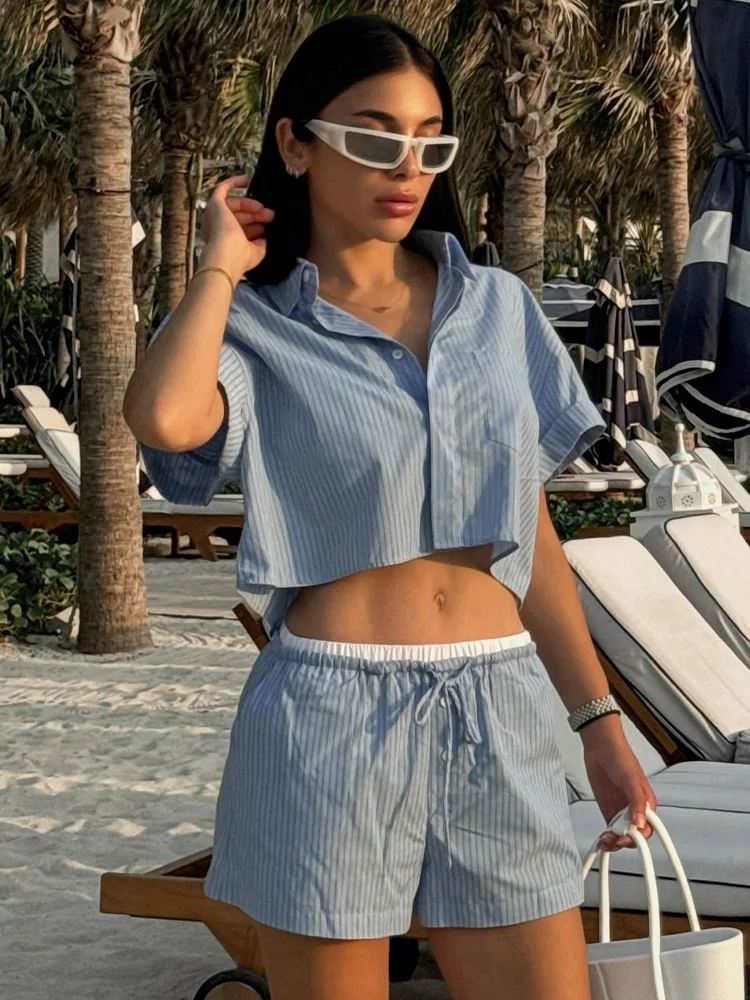 Женский винтажный костюм TRAFZA Повседневная рубашка в полоску с короткими