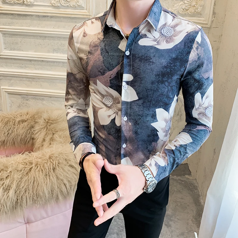 2022 Spring Men Shirts Floral Print Long Sleeve Casual Shirt Streetwear Slim Fit Floral Dress Shirt Men Clothes Camisa Masculina