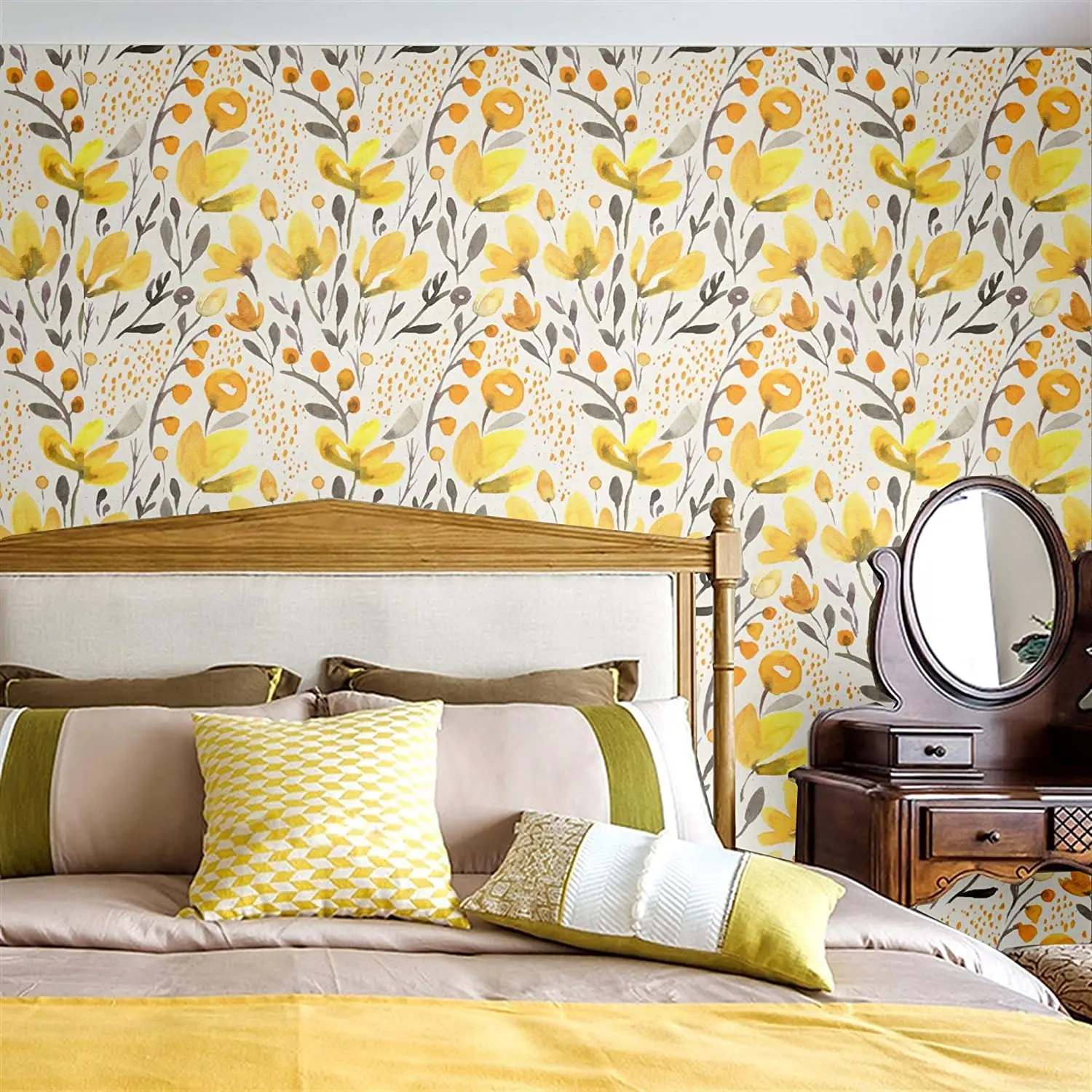 

Yellow Fresh Flower Kapok Self Adhesive Wallpaper Peel and Stick Removable Watercolor Wallpaper Mural Wall Papers Home Decor