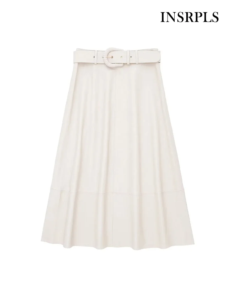 

INSRPLS Women Fashion With Belt Faux Leather Midi Skirt Vintage High Waist Side Zipper Female Skirts Mujer