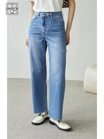 ziqiao japanese denim blue high waist full length jeans loose hole design 100 cotton jean office lady casual trousers