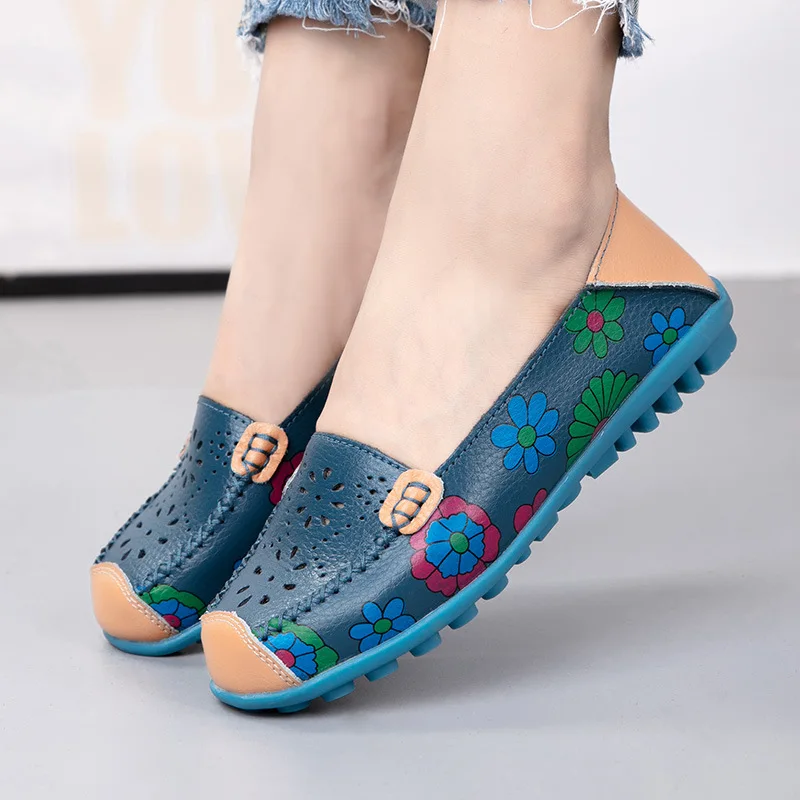 

2021 Female Autumn Flower Print Women Genuine Leather Shoes Women's Ballet Flats Loafers Women Chaussure Femme Loafers Women
