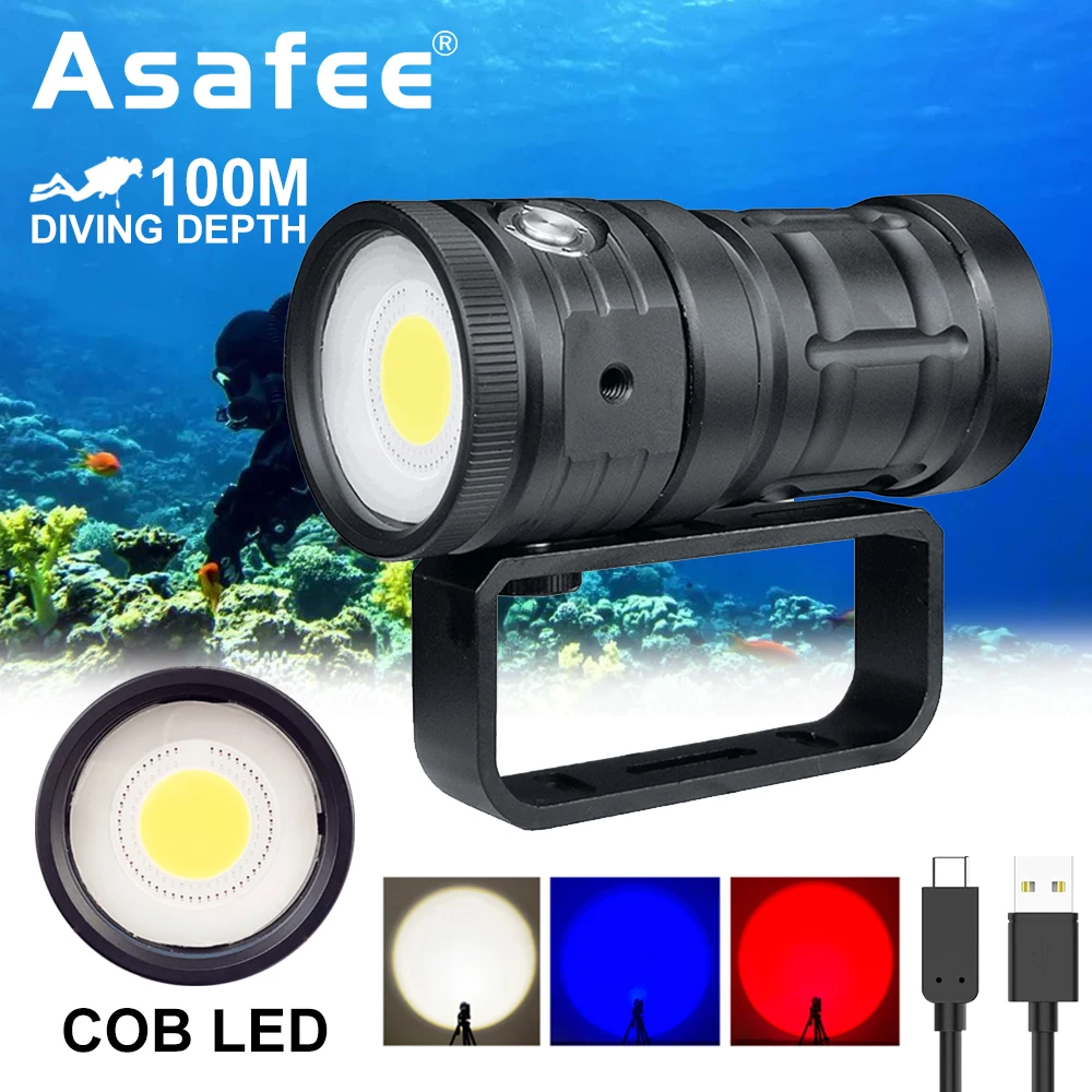 Asafee D10 100m 18000LM Deep Diving Flashlight UV LED COB Scuba Torch 140 Degree Luminous Angle Photographic Fill Light Lamp