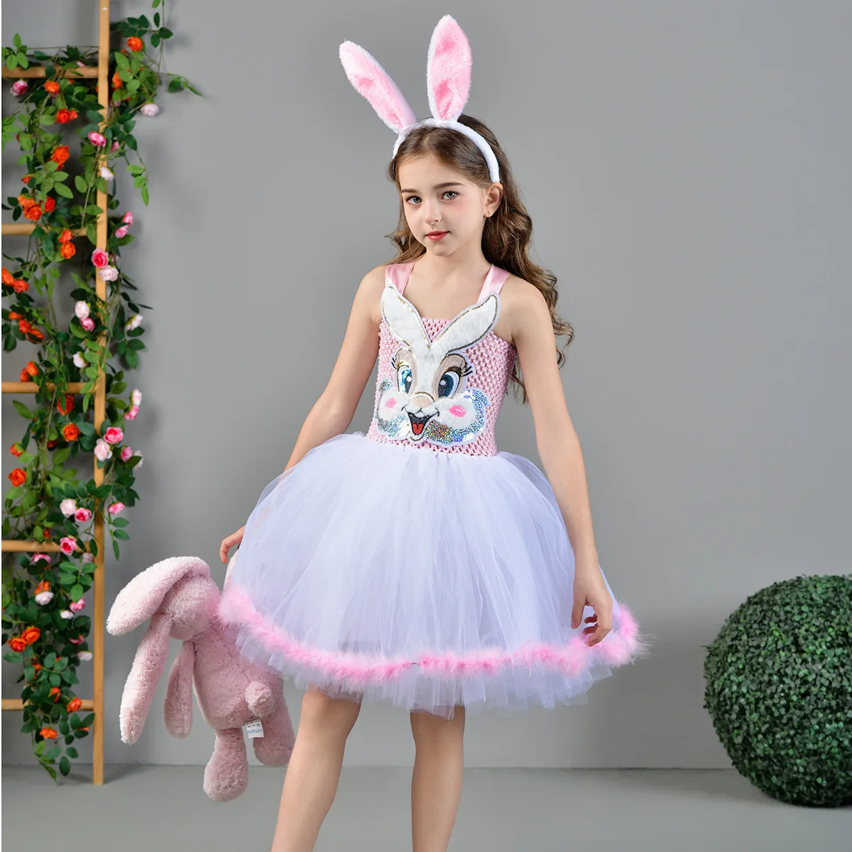 Kids Costume Easter Bunny Rabbit Dress Up Animal Ears Headband Tail Pink Princess Tulle Set for Birthday Party