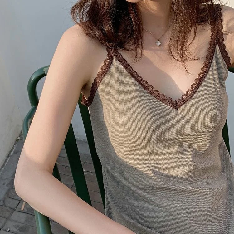 Modal Camisole Nightgown Women Summer With Chest Pad Sexy Pajamas V-neck Show Body Dress Lace Skirt