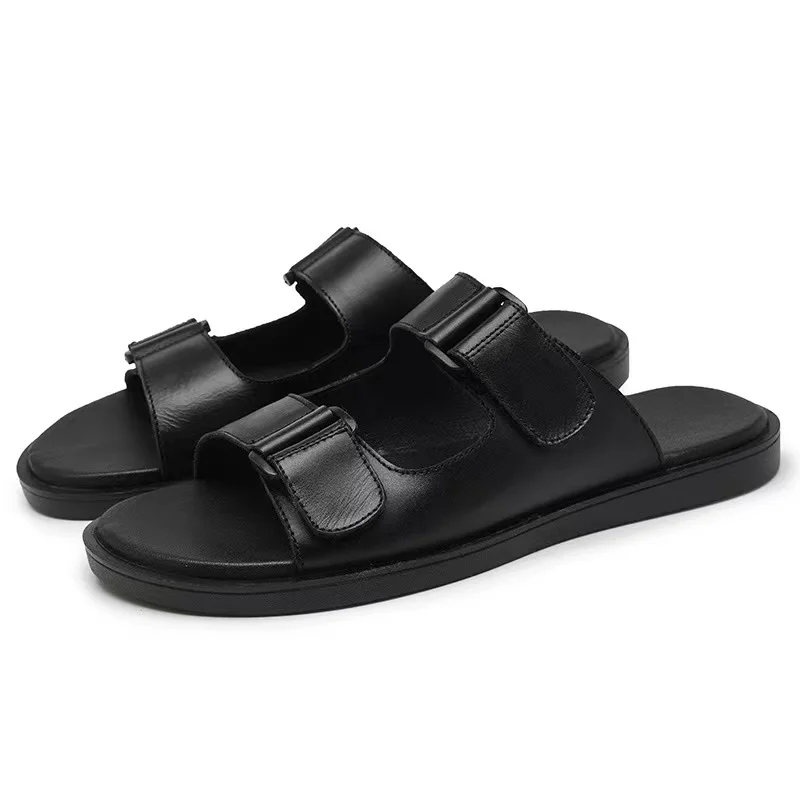 High Quality Summer Men's Scalp Cowhide Leather Slippers Man Two Buckle Slides Footwear Non-slip Beach Shoes For Male Size 38-44