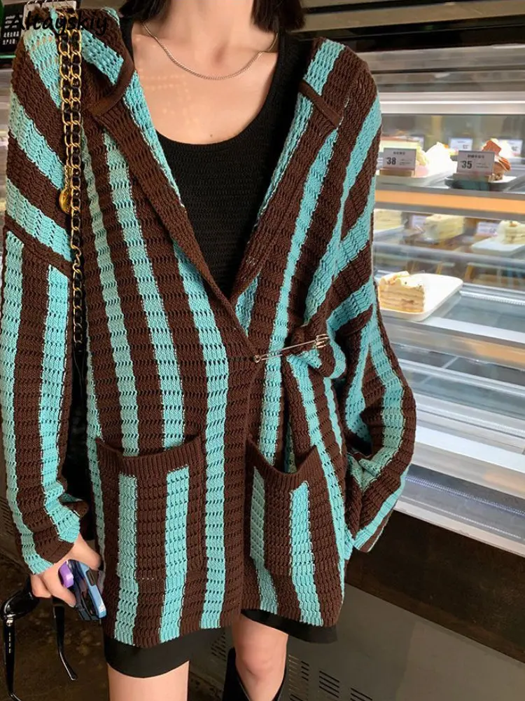 

Длинный кардиган с капюшоном, женские шикарные винтажные полосатые свитеры в стиле Харадзюку, уличная одежда, простые свободные повседневн...