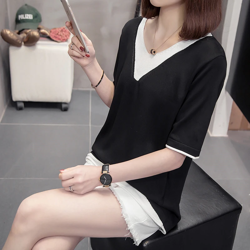 

4XL size patchwork v neck sweater women pullover 2022 short sleeve loose casual knitting jumper casual thin t-shirt