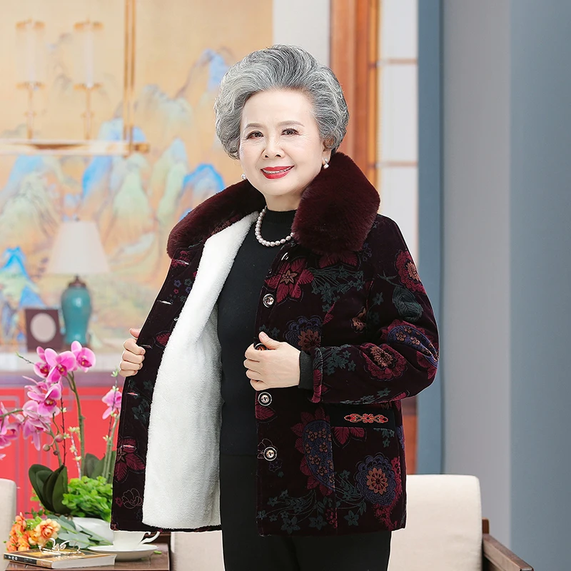 Middle-aged and Elderly Women's Coat Fur Collar Cotton Padded Winter Jackets Single-breasted Plush Thick Warm Overcoat Parkas