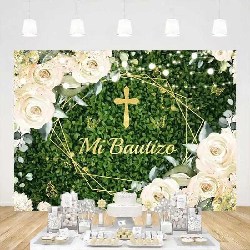 

Baptism Backdrop God Bless First Holy Communion Christening Pink Floral Green Butterfly Photography Background Party Decoration