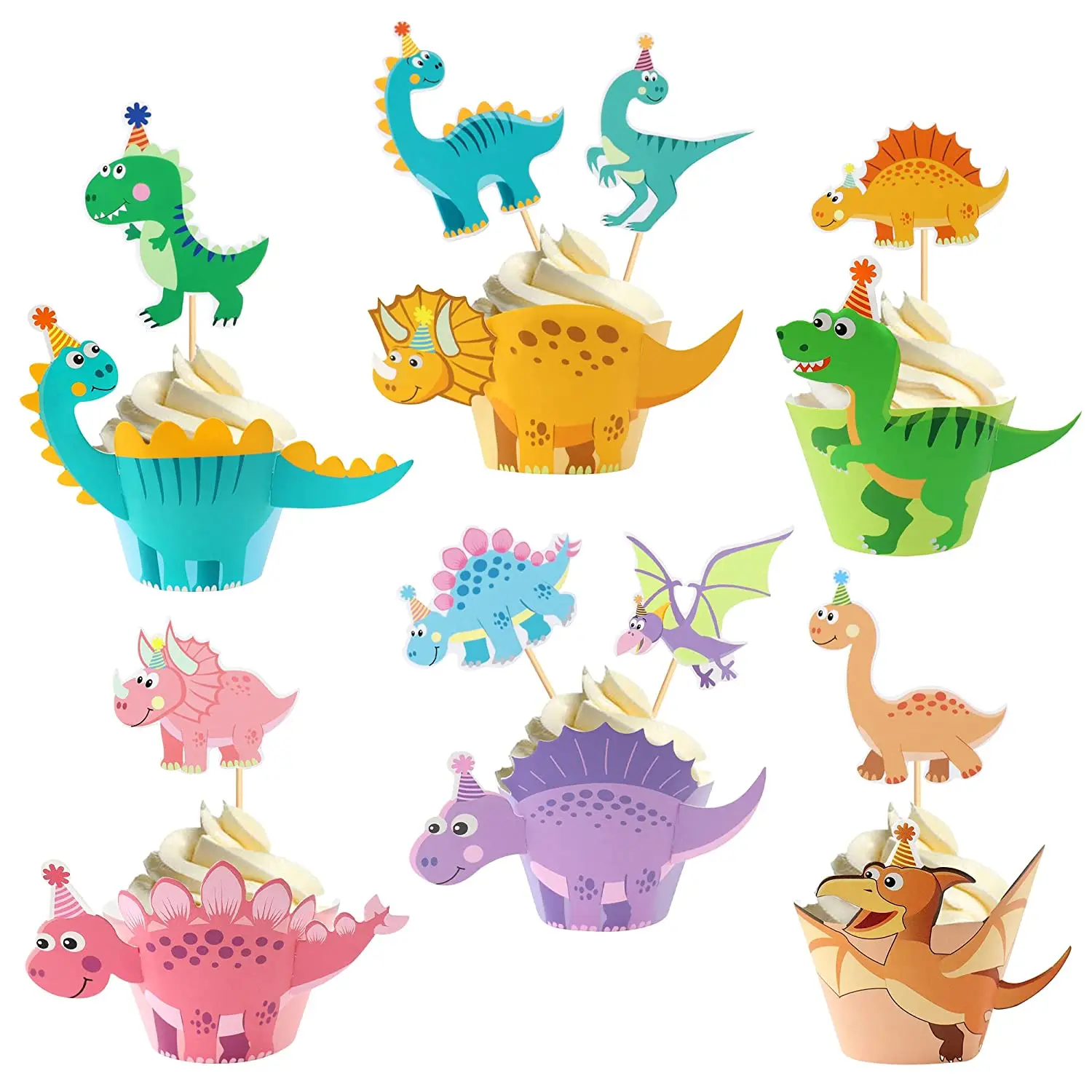 

Dinosaur Cupcake Toppers Wrappers Happy Birthday Cake Topper Picks Decoration for Baby Shower 1st Birthday Theme Party Supplies