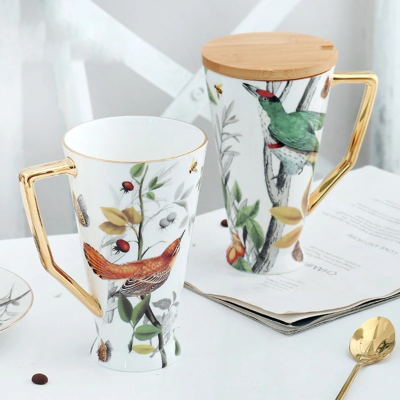 

Creative Bone China Coffee Mug Large Capacity Breakfast Ceramic Cup With Lid Spoon Tea Party Drinking Home Drinkware Decoration